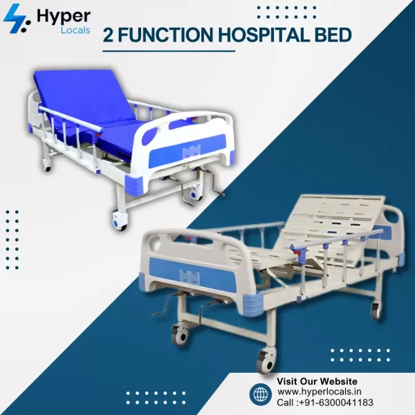 Two images of a 2-function hospital bed, one showing the bed with a blue mattress and raised backrest, and the other highlighting the frame with adjustable backrest and knee rest, side railings, and manual cranks for easy adjustments. The image emphasizes features ideal for patient care at home or medical facilities. Medical equipment rental service by HyperLLocals