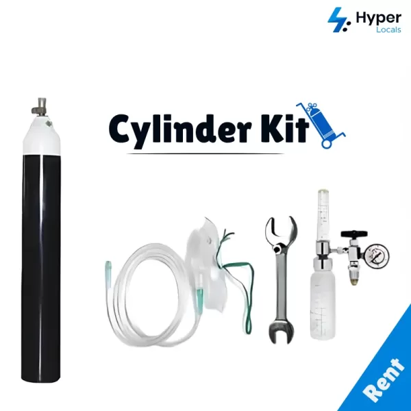 an assortment of medical equipment including a syringe, hose, and other items, oxygen cylinder for rent at hyperlocals