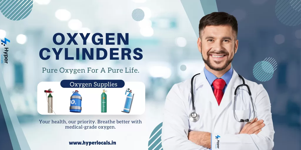 Medical oxygen cylinders for home or hospital use, providing pure oxygen for respiratory support. Oxygen cylinder on rent @ hyperlocals.in