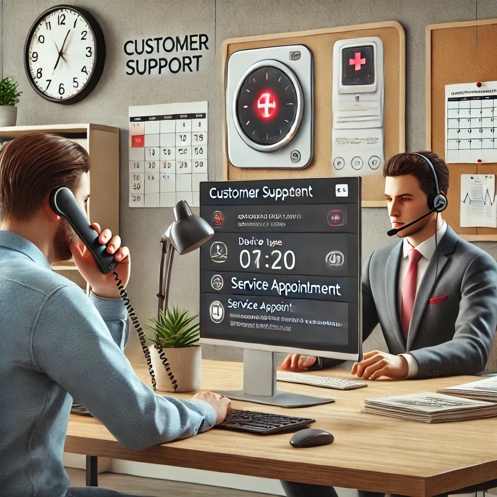 The image depicts a customer support scene in a modern office environment. A customer with a serious expression is seated at a desk, holding a phone to their ear, likely discussing an issue. Nearby, a customer support executive, wearing a headset, is seated at a computer desk, actively typing on a keyboard. The computer screen shows a medical equipment device with a red indicator light, signaling a power issue, along with the customer's name, device type, and service appointment options. The office features neutral-colored walls, a digital clock displaying the time, a couple of indoor plants in the corners, and a calendar pinned up with circled dates for service appointments, emphasizing the importance of timely support in managing medical equipment.