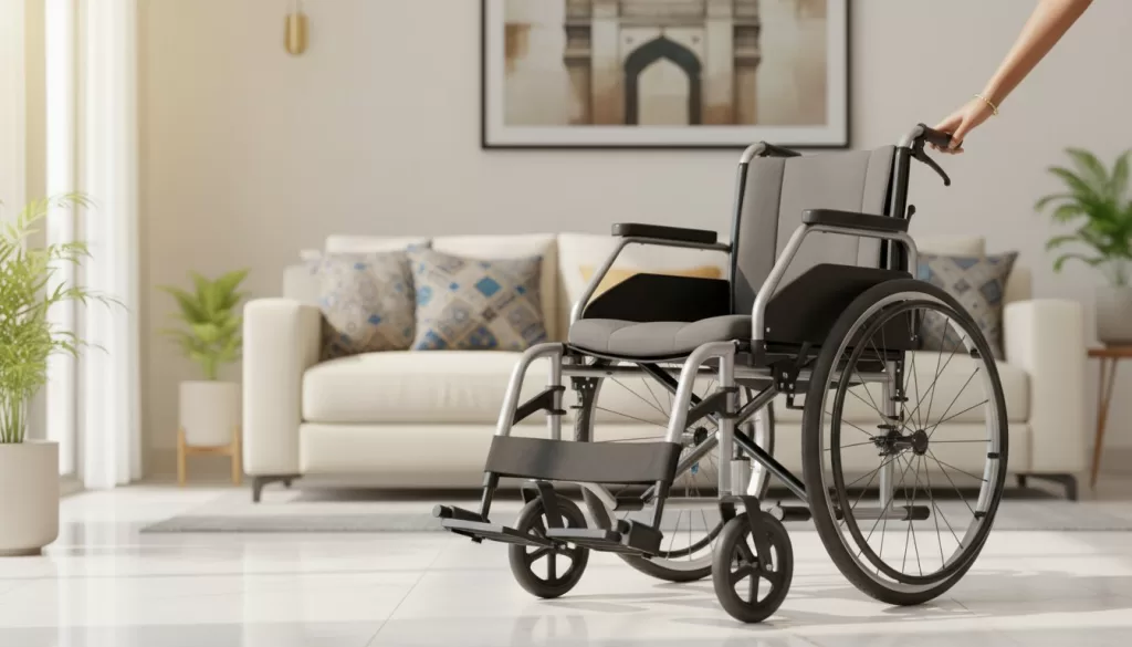 Wheelchair for rent in hyderabad in a room with hand supporting it which looks like a care giver