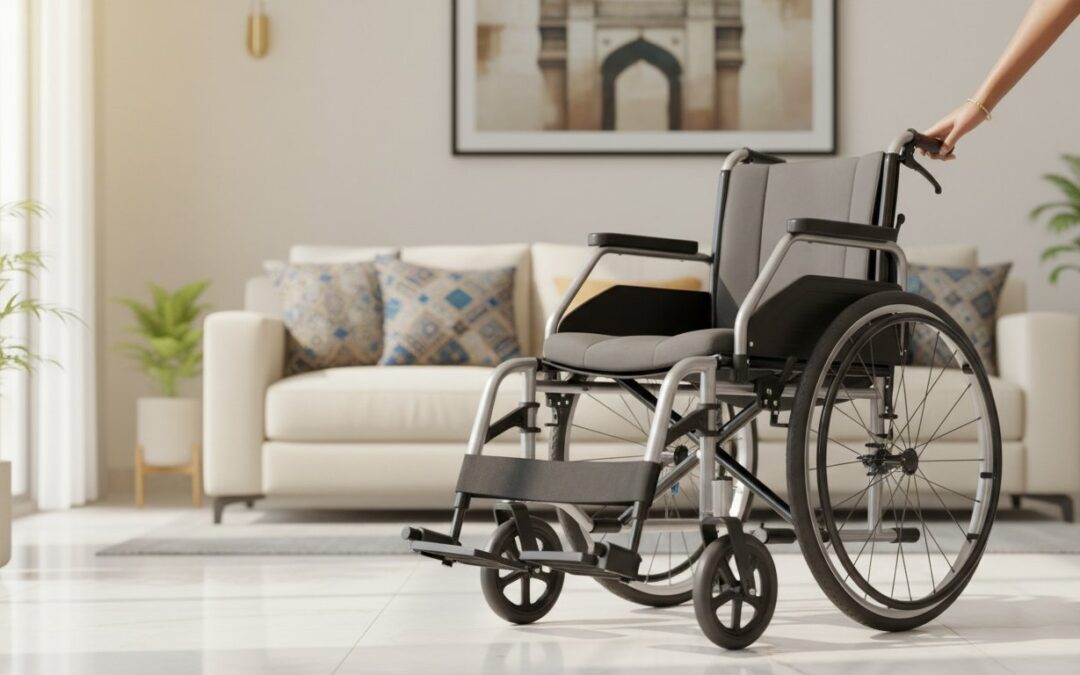 Wheelchair for rent in hyderabad in a room with hand supporting it which looks like a care giver