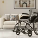 Wheelchair for rent in hyderabad in a room with hand supporting it which looks like a care giver