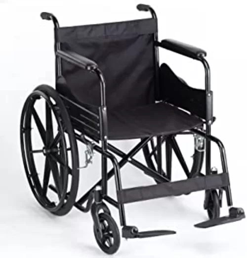 Foldable manual wheelchair for rent in Hyderabad – black lightweight design