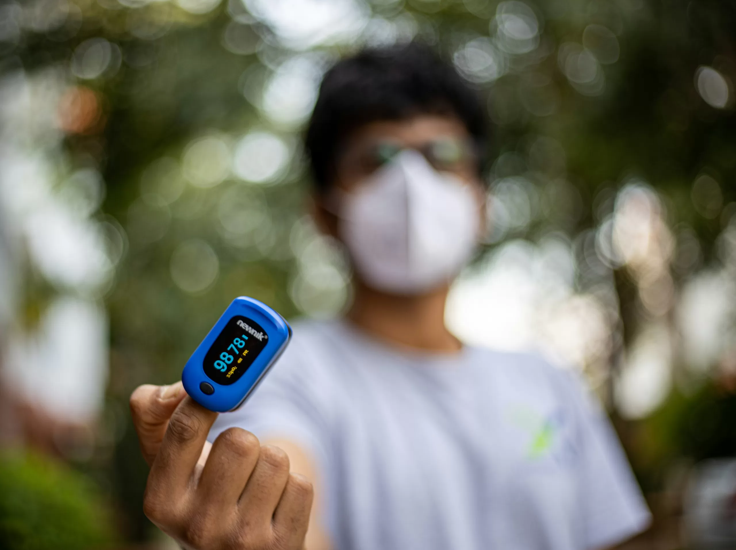 Pulse oximeter finger sensor used during a home sleep apnea test