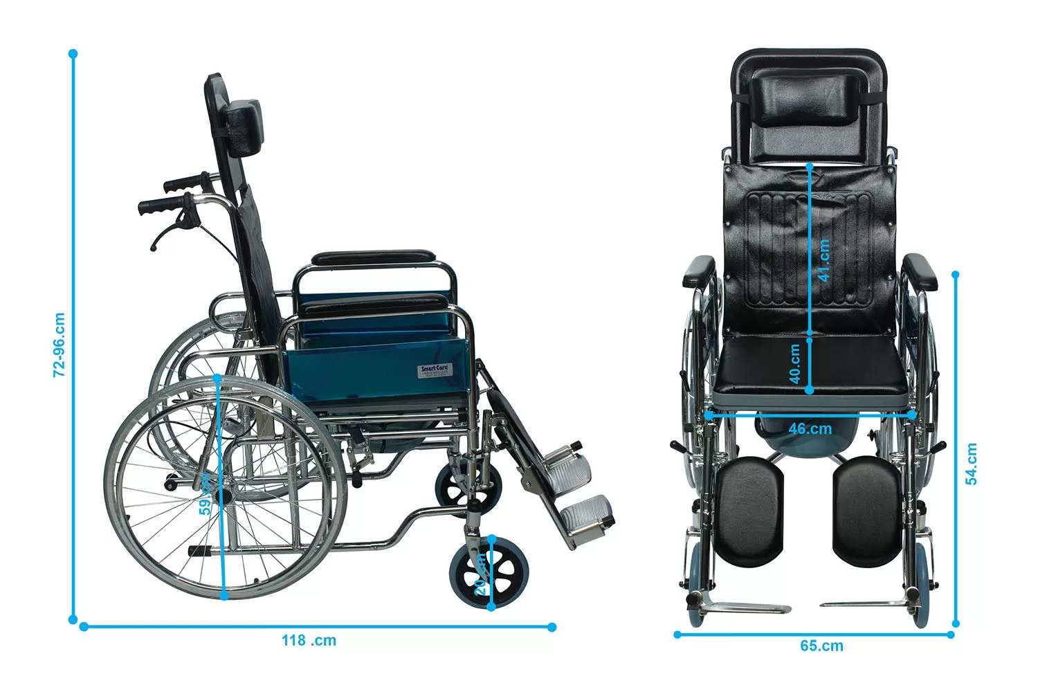 Recliner wheelchair on rent in Hyderabad angled view showing elevating leg rest and padded armrests