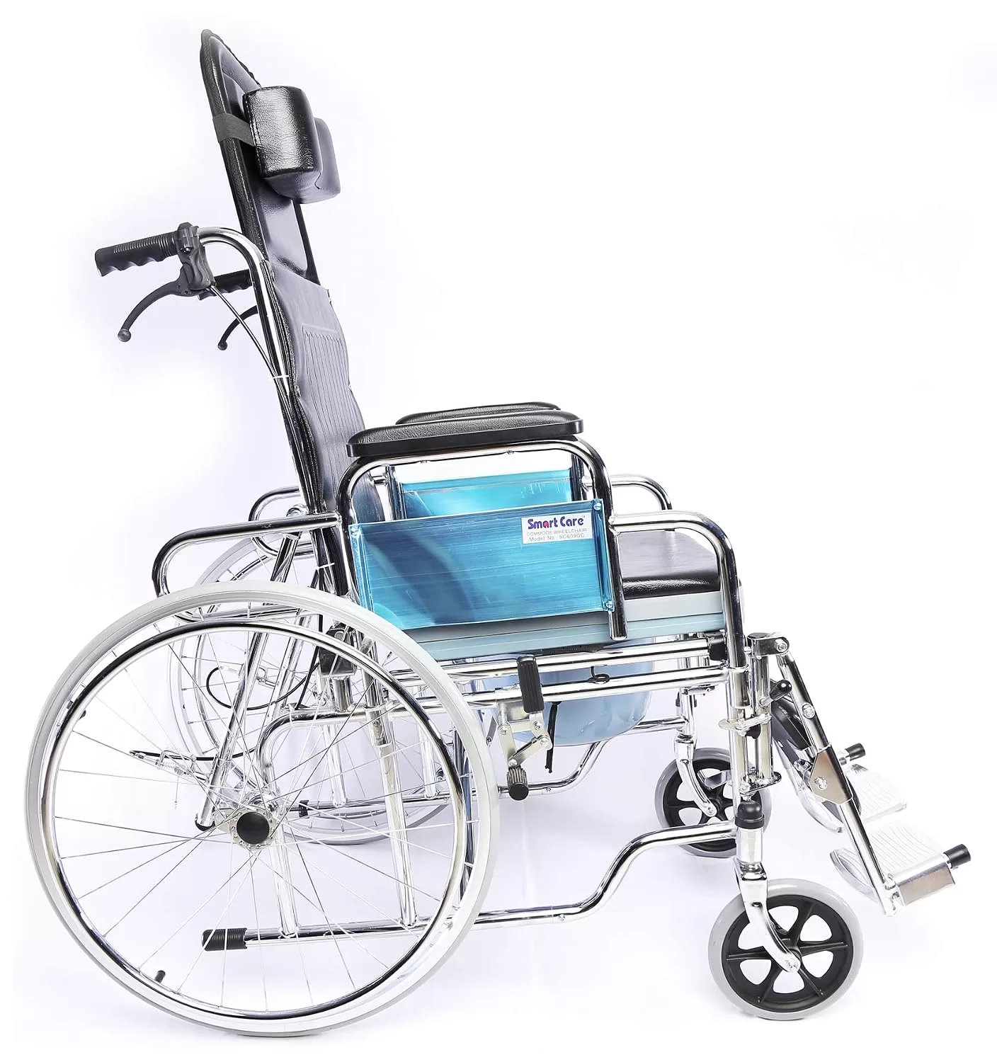 Recliner wheelchair on rent in Hyderabad fully reclined position with side tray and leg rest