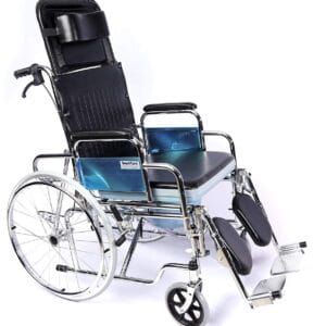 Recliner wheelchair on rent in Hyderabad side profile fully reclined with headrest
