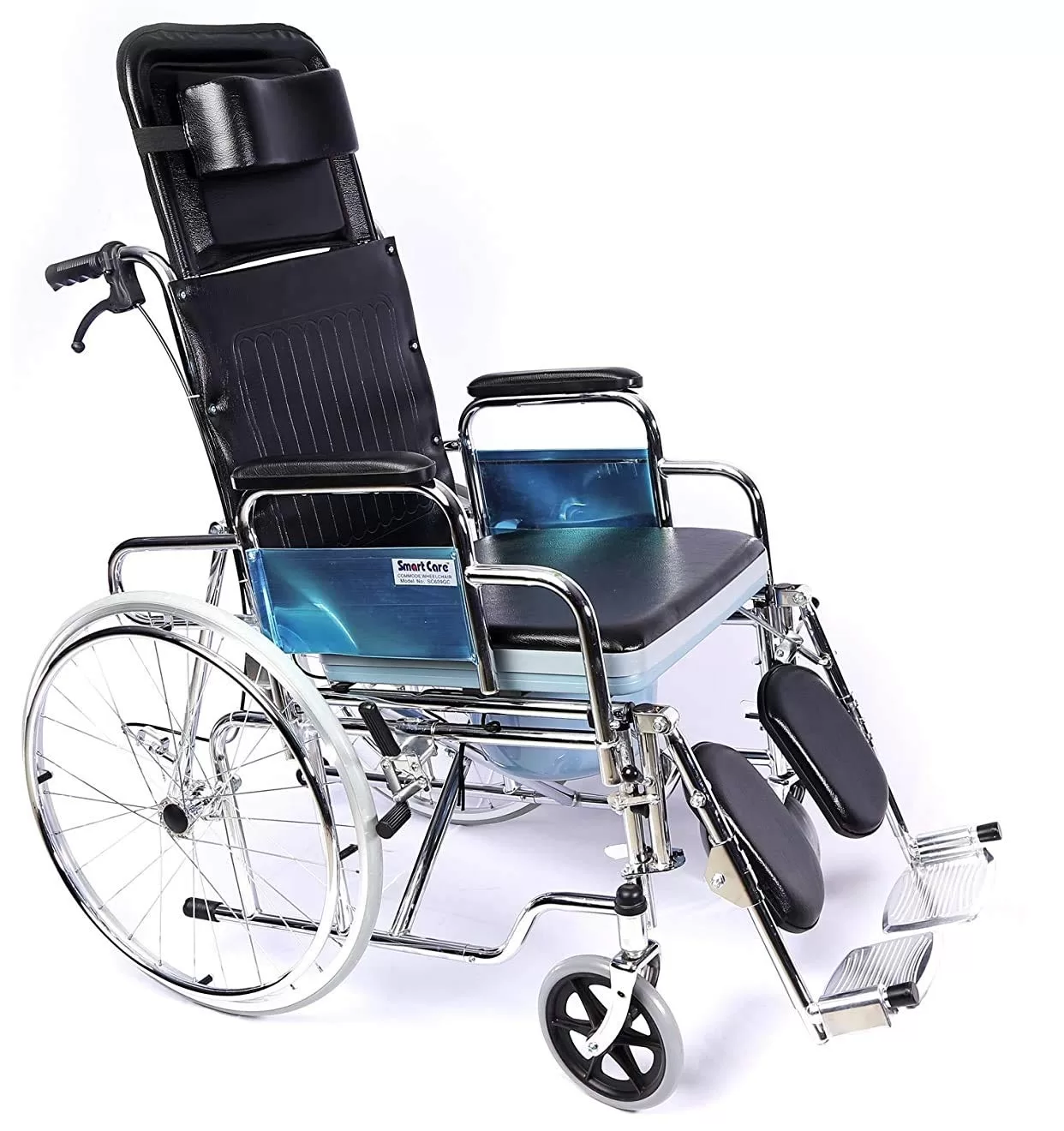 Recliner wheelchair on rent in Hyderabad side profile fully reclined with headrest