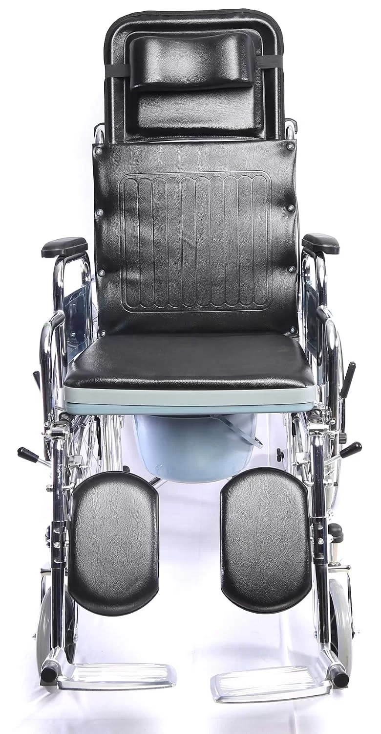 Recliner wheelchair on rent in Hyderabad reclined side view showing high back and hand brakes